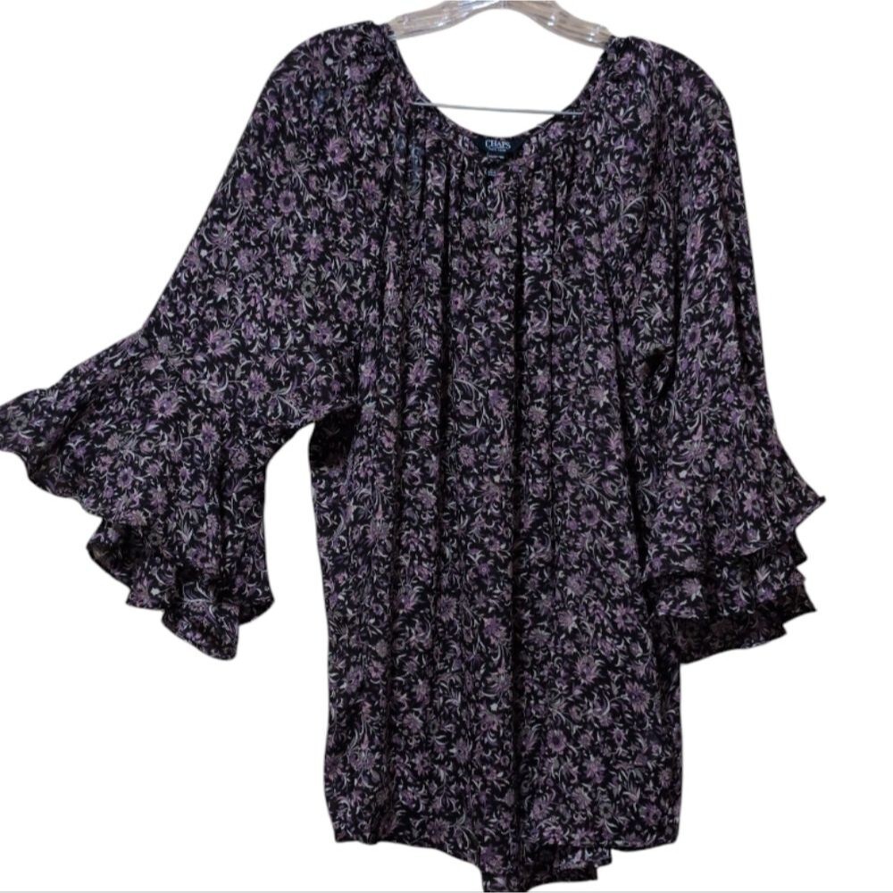Chaps women's floral blouse with ruffled, bell-style 3/4 sleeves size XXL flaw